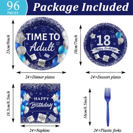 96 Pcs 18th Birthday Party Plates and Napkins Party Supplies Time To Adult 18 Years Old Birthday Party Tableware Set Blue Silver 18th Birthday Party Decorations Favors for Boys Girls Serves 24