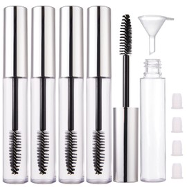 4 Pack 10ml Empty Mascara Tube with Brush Wand, YITOU Refillable Eyelash Cream Container DIY Cosmetics Bottle for Castor Oil/Eyebrow Growth Serum/Coconut Oil, 4 Rubber Inserts, 1 Funnel, Silver