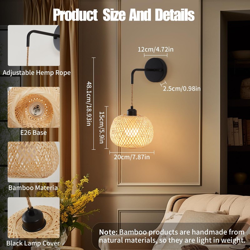 Vitnucrol Battery Operated Wall Sconce Set of Two, Bamboo Rechargeable