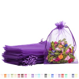 100pk Deep Purple Organza Gift Bags,9x12cm Small Organza Favor Bags,Wedding Jewelry Pouches with Drawstring,Mesh Candy Favour Bag Party Sweet Bags for Birthday,Wedding,Christmas,Gift Wrapping