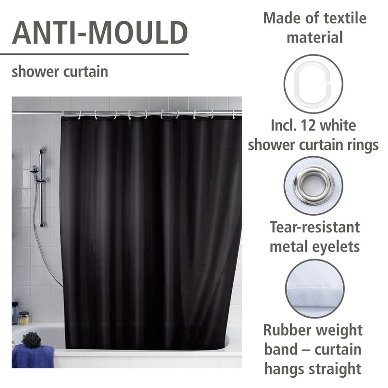 WENKO 20043100 Antimould shower curtain singlecolour Black antibacterial, washable, Plastic