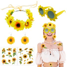NebulaGlam Pack of 4 Sunflower Costume Accessories, Headband, Sunflower Hair Accessories, Headband, Sunflower Sunglasses, Earrings, Tattoos for Carnival Costume, Women's Carnival Costume Accessories