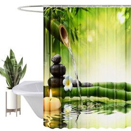 HEYOMART Shower Curtain Heavy Duty Polyester Fabric Waterproof Shower Curtain Liner, 3D Digital Painting Pattern for Shower Stall, Bathroom Curtains with 12 PCS Hooks (180x180cm, Bamboo)