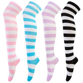4 Pairs Striped Thigh Knee High Sock Women Ladies Over Knee Socks Long Boot Stocking for Girls Leg Warmer High Socks Casual for Daily Wear, Cosplay