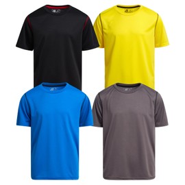 Pro Athlete Boys Athletic Shirts - 4 Pack Boys Dry Fit Shirt Lightweight Performance Tees Kids Dri Fit Shirts (Sizes 5-16), Size 10-12, Black/Yellow/Dark Grey/Royal