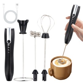 Milchaufschäumer Stab, 3-Gang USB Aufladbar Aufschäumer mit 2 Edelstahl-Schneebesen, Tragbarer Stab Schäumer mit Ständer, Handheld Elektrischer Milchaufschäumer für Matcha Latte, Kaffee, Cappuccino