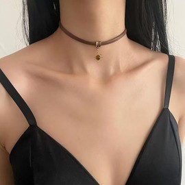 Aneneiceera Vintage Brown Leather Choker Necklace Tiny Sunflower Pendant Necklaces Wide Brown Leather Necklaces Leather Cord Necklace Chain Jewellery for Women
