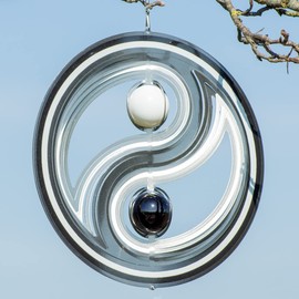 CIM stainless steel, Orbit Yinyang wind chime with ball bearing swivel, hook and 1 m nylon cord and glass beads.