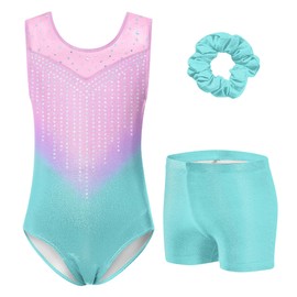 TUONROAD Girls Gymnastics Leotard Size 10 Big Girl's Purple Blue Shiny Athlectic Outfits with Hair Scrunchie for Age 9 Girls' Tie Dye Drift Gymnastics Biketards with Short