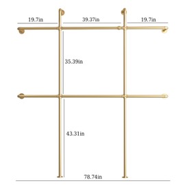 Smlttel Gold Pipe Clothing Rack Wall Mounted, Industrial Pipe Clothes Racks with 6 Hanging Rods, Heavy Duty Clothing Racks for Laundry Room, Closet Systems for Walk in Closets