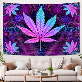 Tapiz de hojas de marihuana de marihuana, triple, color morado neón, teñido anudado, para dormitorio de hombres, hippie, bohemio, mandala, póster, manta para decoración del hogar (40 x 30)
