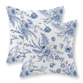 Spring Pillow Covers 16x16 Set of 2, Summer Blue Flowers Throw Pillows Chinoiserie Leaf Plant Floral Decorations Farmhouse Pillowcase Linen Outdoor Decor Spring Cushion Case for Couch Sofa Room