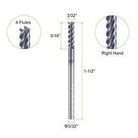 sourcing map 5pcs Carbide Square Nose End Mill Bit 3/32" Cut Dia 4 Flutes TiAlN Coated Milling Cutter for Hardened Steel Metal (3/32" Shank 5/16" Cut Length 1-1/2" Long 45 Degree HRC53-55)