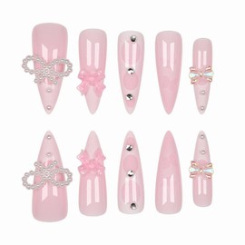 MISUD Press on Nails Long Stiletto Fake Nails Glossy Glue on Nails White French Tip Acrylic Nails Almond Artificial Nails Bow Pearl Rhinestone Stick on False Nails with Design 24 pcs