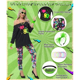 TOLOYE TOLOYE 80er Jahre Outfit Damen, Kostüm 80er Jahre Hippie Kostüm mit Hippie Oberteil Hosen 80er Jahre Accessoires, Kostüm Damen Fasching, 80er Kostüm für Karneval Neon Party Outfit