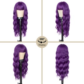 ENTRANCED STYLES Purple Wigs for Women,Dark Purple Wig with Bangs Long Purple Wig Synthetic Fiber Womens Wavy Wigs Long Curly Wig for Daily Cosplay Party