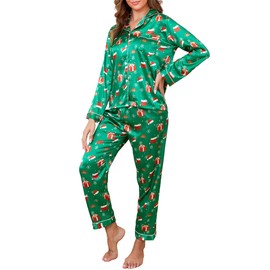 Reliwel Women's Satin Pyjamas with Button Placket Long Sleeve Two Piece Pyjamas Women's Long V-Neck Sleepwear Cosy Classic Loungewear Leisure Suit Pjs for All Seasons, Green Print