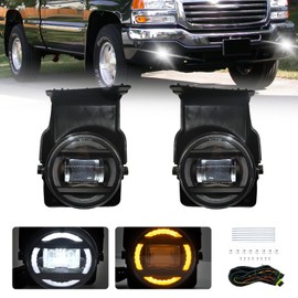 LED&DRL Fog Lights Compatible with 2003-2006 GMC Sierra 1500 2500 3500 1 Pair Front Driving Fog Lamps With Daytime Running Lights and Turn Signal Lights- Black Trim