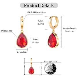 Crystals Teardrop Dangle Drop Earrings, 18K Gold Plated Hoop Earrings Zirconia Jewelry for Women Gifts (Red)