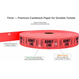 Tacticai 2000 Raffle Tickets, Admit One, Single Roll, Ticket for Events, Entry, Class Reward, Fundraiser & Prizes - Red (1 of 8 Colors)