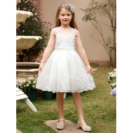 Abaowedding White Lace Appliques Flower Girl Dress Kids V-Neck Wedding Birthday Party Dress with Bow Size 6,White