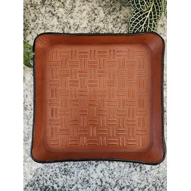 Leather Valet Tray, Embossed Basketweave Pattern, 8 oz Brown Premium Leather Finished Edges and Bottom.