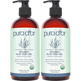 PURA D'OR Gel De Aloe Vera Bio Lavanda (16 Oz X 2) Todo Natural - Cero Conservantes Artificiales - Profundamente Hidratante E Hidratante - Quemaduras Solares, Picaduras De Insectos, Eru
