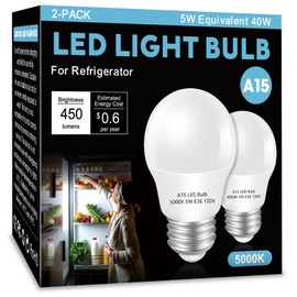 LOXYEE LED Refrigerator Light Bulb 2 Pack，Daylight White 5000K 120V 40W Equivalent Appliance Bulb，A15 4W E26 Base Waterproof Fridge Light Bulbs for Freezer Home Lighting,Small Light Bulb,Non-dimmable