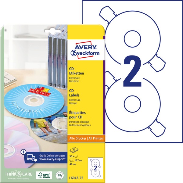 Avery Zweckform L6043 25 A4 Pack of 50 CD Labels