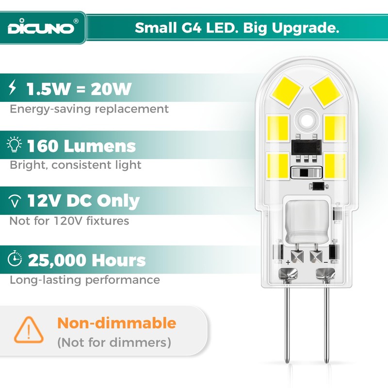 DiCUNO G4 LED Bulb 12V, 20W Equivalent, Daylight White 6000K,