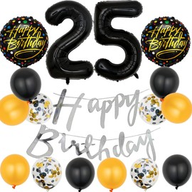 Black 25th Birthday Decorations Party Supplies-Silver Happy 25th Birthday Banner Latex and Confetti Balloons Paper Honeycomb Balls Huge Number 25 Balloons for Girls,Women,Men,Photo Props 25th Birthday