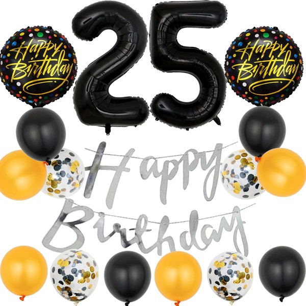 Black 25th Birthday Decorations Party Supplies-Silver Happy 25th Birthday Banner