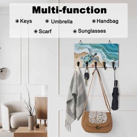 Ocean Turtle Beach Key Holder Wall Mounted Key Hooks for wall Decorative, Keys Organizer Rack for Entryway, Front Door Kitchen Hallway Office, Starfish Spray Key Hanger with 5 Hooks, 9.4"x5"