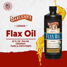 Barlean's Organic Lignan Omega 3 Flaxseed Oil Liquid Supplement for Men and Women, Cold Press Flax Seeds, 7230mg ALA Fatty Acid, Vegan and Gluten Free, 32 oz