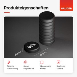 GAUDER GAUDER Magnete für Magnettafel | 62x Starke Magnete für Whiteboard, Pinnwand & Kühlschrank | Magnete schwarz