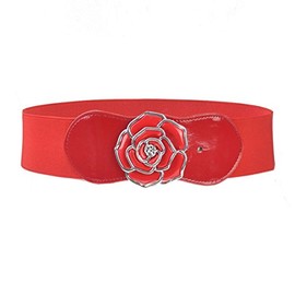Rose Belt, Silver Lined Decorated Belts, Rose Stretchable Elastic Belt for Women, One Size, Red