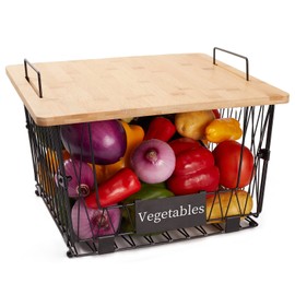 1 Pack Stackable Wire Storage Baskets with Wood Lid- Pantry Cabinet Organization, Kitchen Counter Basket for Fruit Vegetable -Large Metal Bin for Pantry Organization and Storage, Black