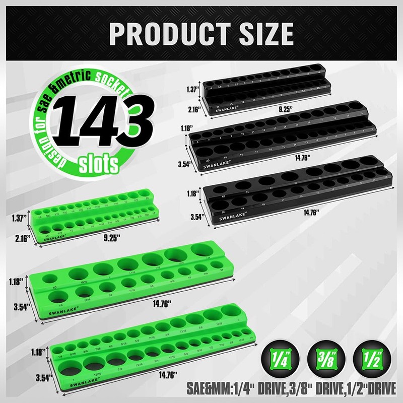 Magnetic Socket Organizer Set, 6-piece 1/4", 3/8", 1/2" SAE &