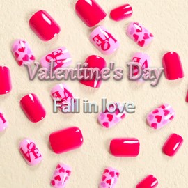 Valentine's Day Press on Nails with Love Heart Designs, Glossy Rose Red Short Square Shape Fake/False Nails Full Cover Acrylic Nails X Glue Stick on Artificial Fingernails for Women Girls Gift 24 Pcs