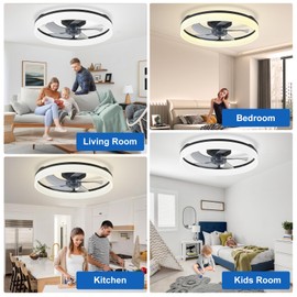 DLLT LED Ceiling Fan with Light: 20" Modern Low Profile Flush Mount Fandelier with App & Remote Control - Dimmable Black Bladeless Fan Light Fixture for Bedroom Kids Room Living Room