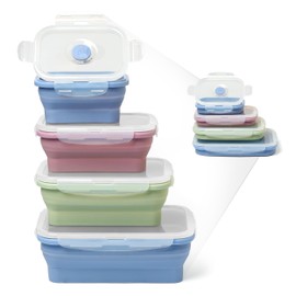 ICHC Set of 4 Collapsible Food Storage Containers - Space-Saving Silicone Meal Prep Boxes, Airtight and Stackable Lunch Containers, Microwave and Freezer Safe