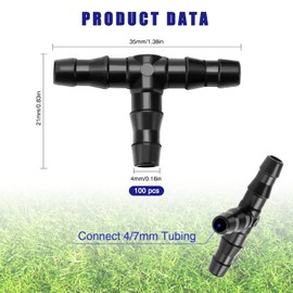 100 PCS 1/4" Plastic Barbed Tee Connector, VooGenzek Barbed Tee Fittings for 4/7mm Garden Hose, Tee Drip Irrigation Tube Joint for Watering System, for Garden, Lawn, Greenhouse