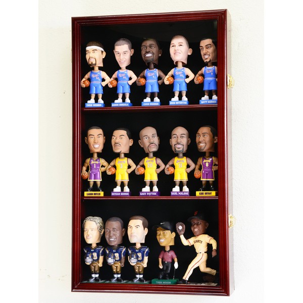 Bobble Head Figurine Display Case Cabinet Holder Wall Rack Bobblehead 98% UV Lockable -Cherry