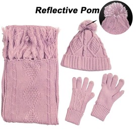 Winter Hat Gloves Scarf Set for Women, Cable Knit Beanie Pom Cap Touch Screen Glove Long Scarf 3PCS Winter Gift for Women Men