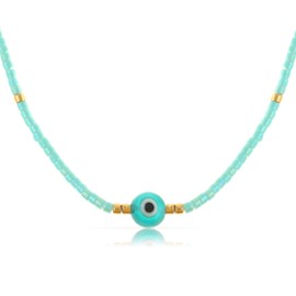 Made by Nami Women's Glass Pearl Necklace in White Turquoise or Purple with Nazar Boncuk Pearl Waterproof Jewellery Hippie Jewellery 40 + 5 cm, Stainless Steel, Glass beads