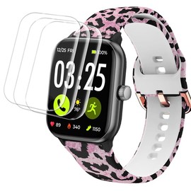 Tznzxm For Spade & Co Health Smartwatch 4 Screen Protector (3PCS), Spade & Co Health Smartwatch 4 Replacement Bands, Pink leopard-print Adjustable Soft Silicone Wristband Straps