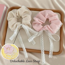 4 Pcs Cute Lace Scrunchies with White Bow Boho Hair Ties Elegant Ponytail Holder Elastic Band Scrunchy Lace Bow Hair Accessories for Women & Girls - Yellow, Pink