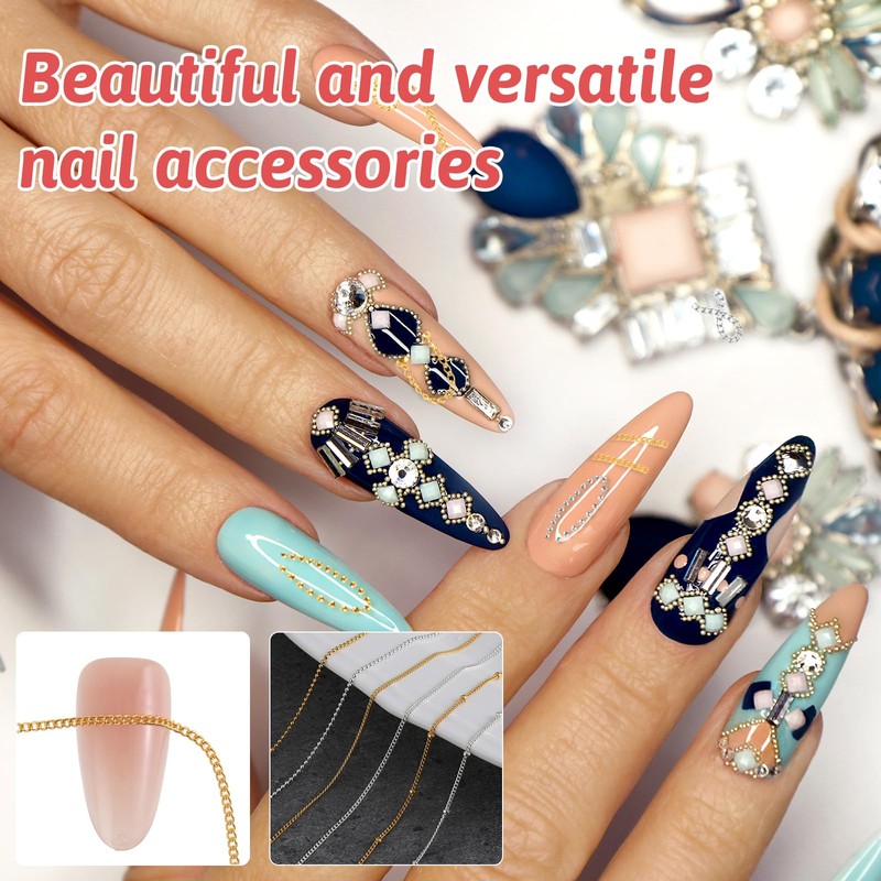6 Strips 3D Nail Art Chains Nails Chain Charms Metallic