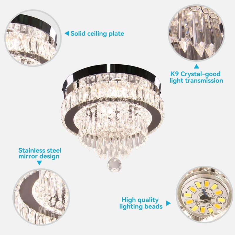 Finktonglan 11.8" Dimmable Crystal Ceiling Light with Remote, Mini Flush