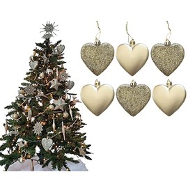 6pc Large Glitter & Matte Heart Baubles - Great Christmas Tree Decorations, Heart Baubles (Champagne Gold)